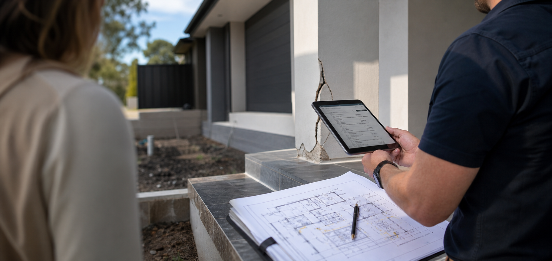Building inspector documenting a serious defect at a new home
