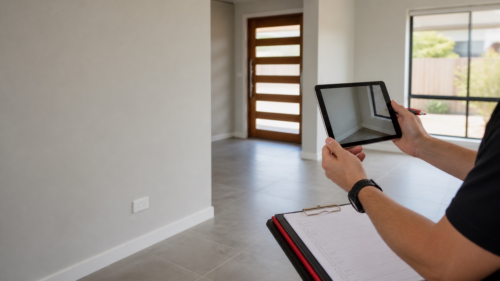 Inspector documenting an interior property condition report with a tablet