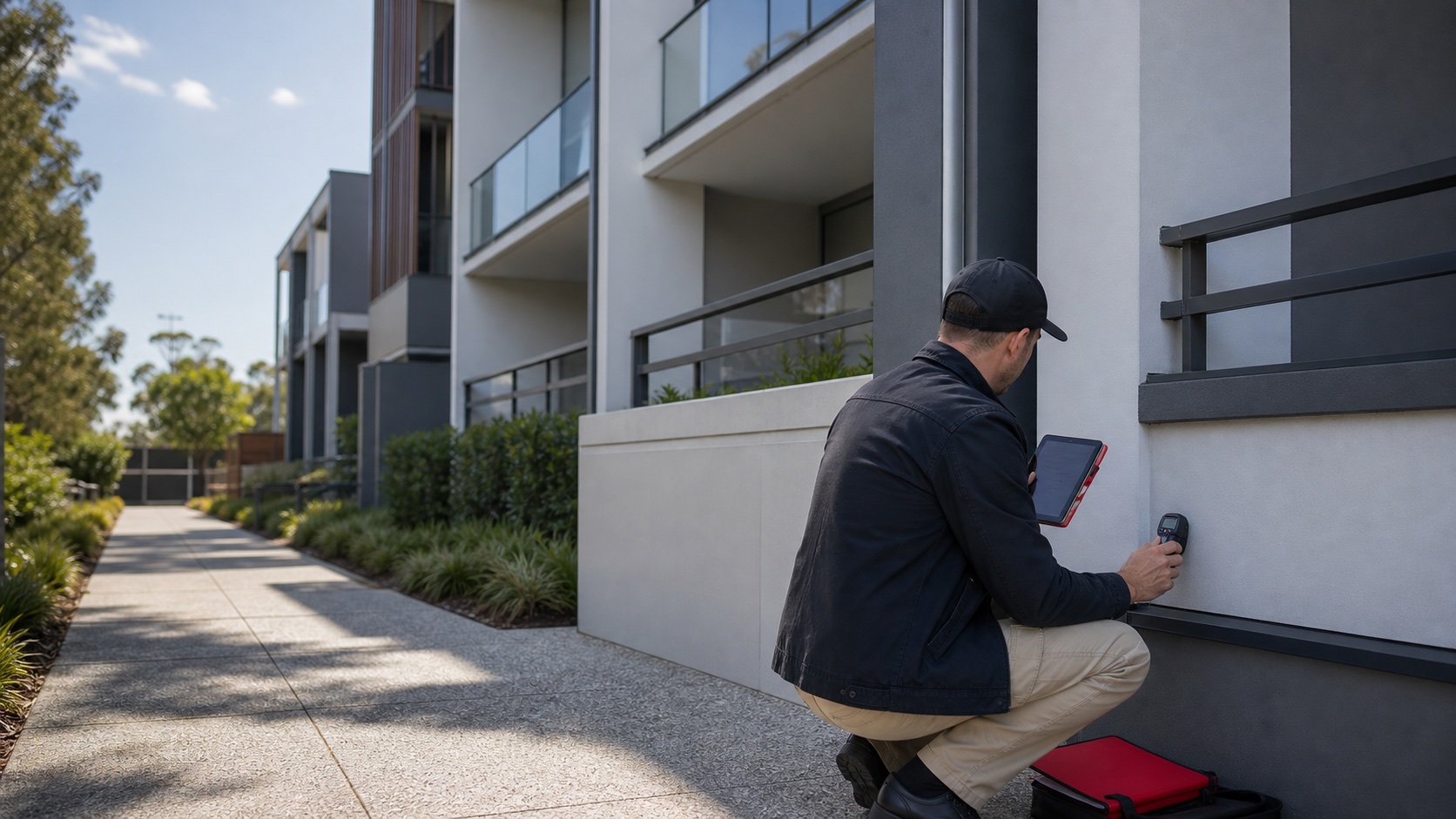 Inspector checking common property at a strata apartment complex